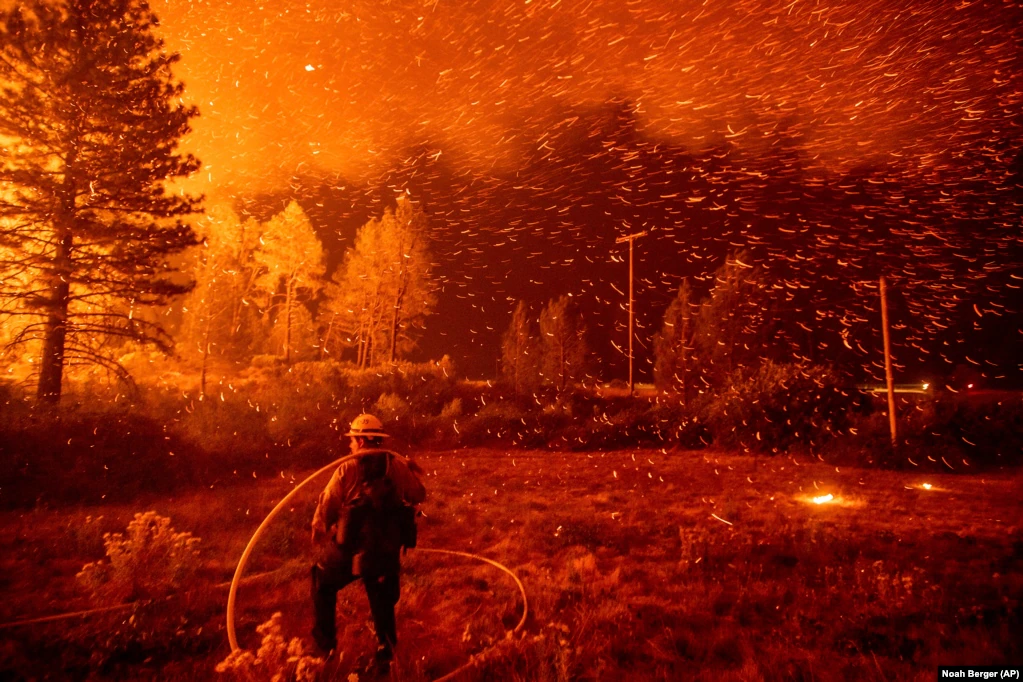 Embers fly above a firefighter as he works to control a backfire as the Delta Fire burns in the Shasta-Trinity National Forest, California, on September 6. The blaze had tripled in size overnight. (AP/Noah Berger)