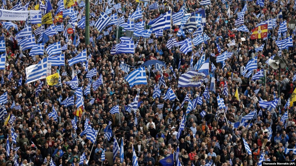 Greek demonstrators protested against compromise over Macedonia's name in Athens in February.